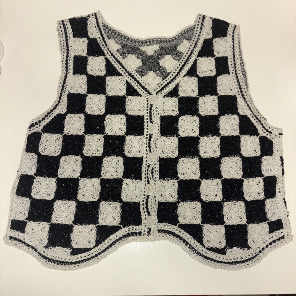 Boho Crochet Knit Granny Square Checkers Cardigan Top Sz Sm Black White Buttons